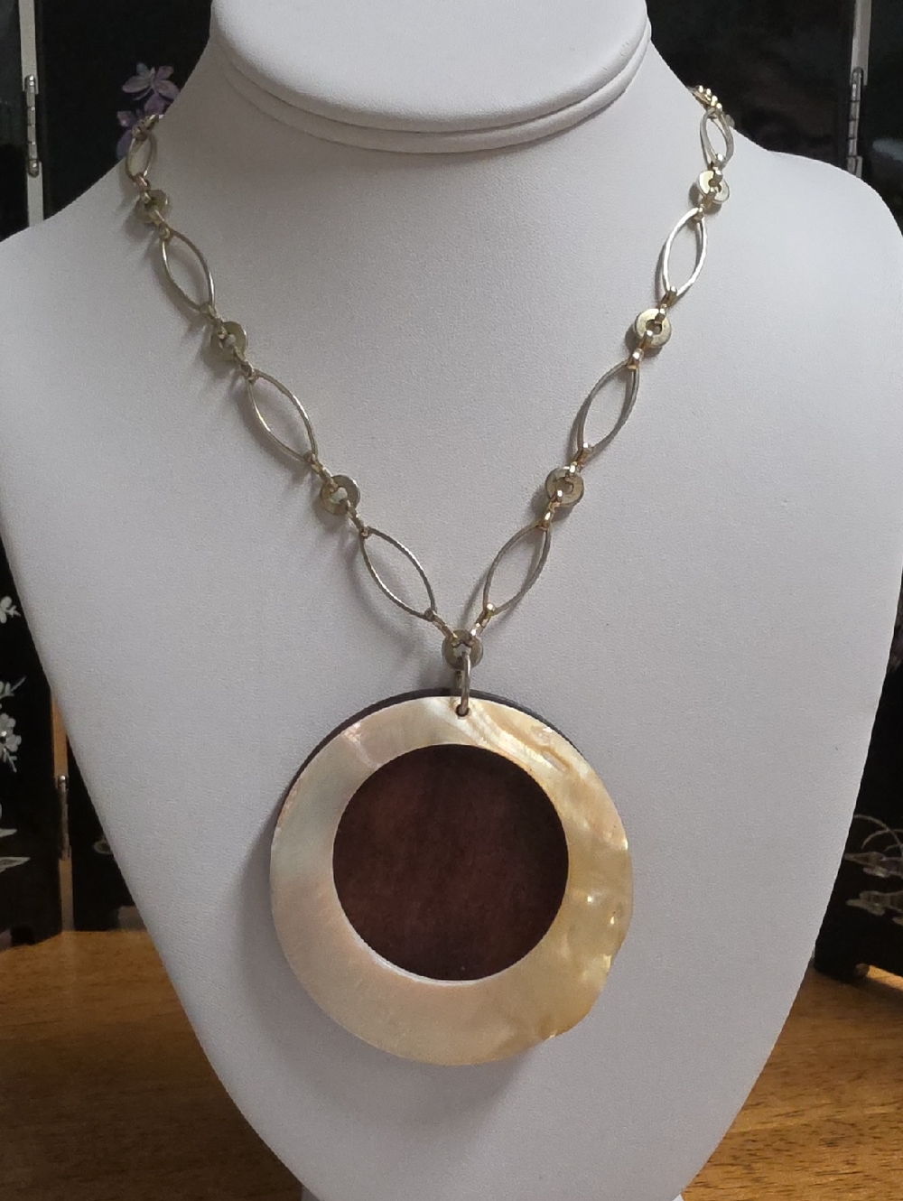 Mother Of Pearl and Wood Marquis Link Naturalist Necklace